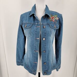 Here & There Denim Jacket Womens Small Embroidered Floral Button Up